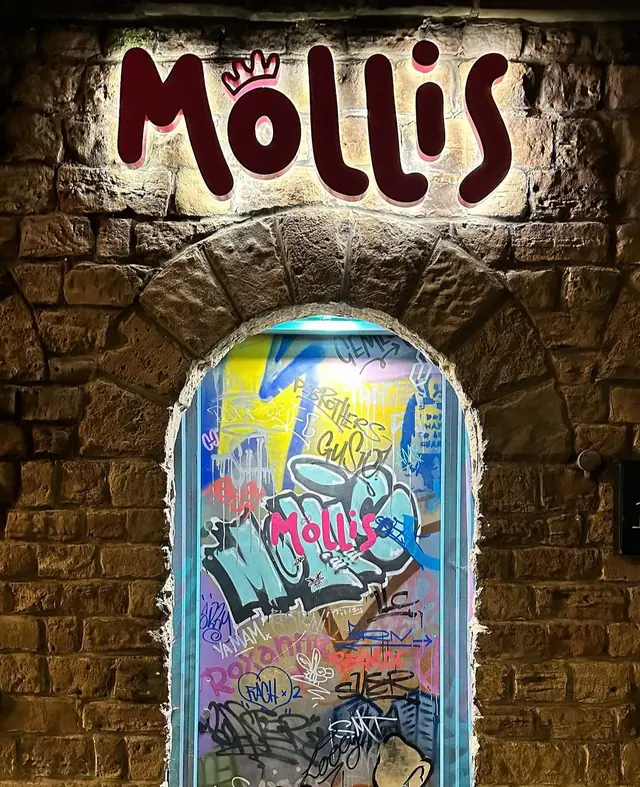 Back-lit 3D letters on a stone wall above a painted door